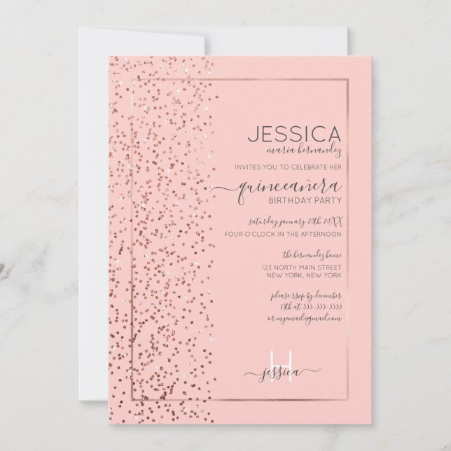 Pink Rose Gold Glitter Confetti Side Quinceañera Invitation (Front)