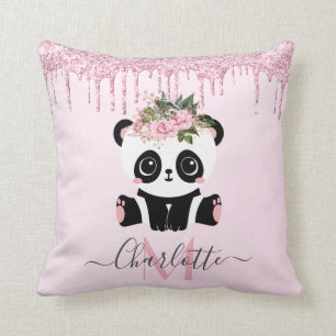 Pink rose gold glitter cute panda  throw pillow