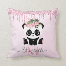 Pink rose gold glitter cute panda  throw pillow