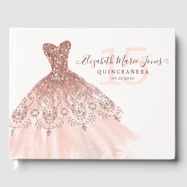 Pink Rose Gold Glitter Dress QUINCEAÑERA Birthday Guest Book (Front)
