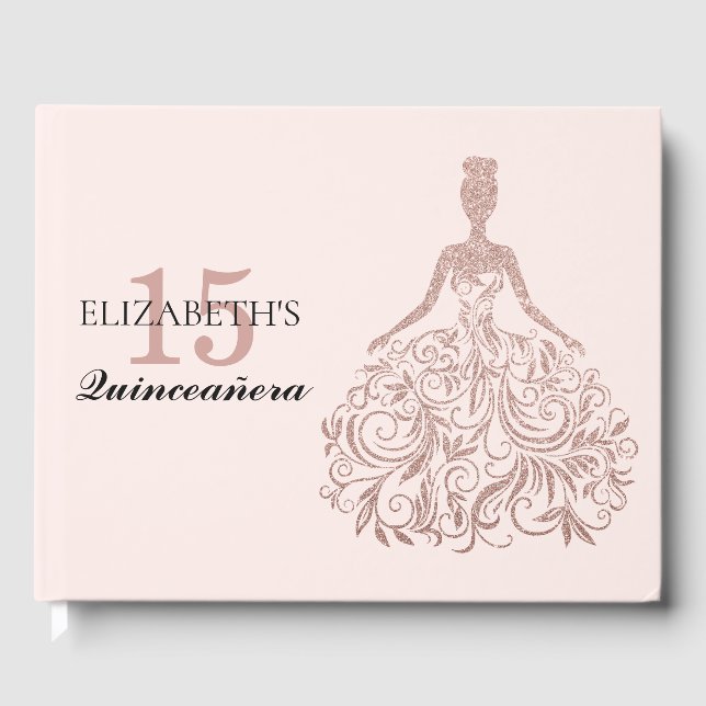 Pink Rose Gold Glitter Dress Quinceañera Birthday Guest Book (Front)
