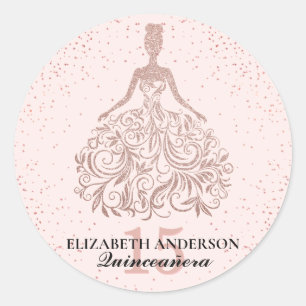 Pink Rose Gold Glitter Dress Sparkle Quinceañera Classic Round Sticker