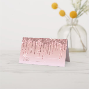 Pink Rose Gold Glitter Drip Elegant Personalised Place Card