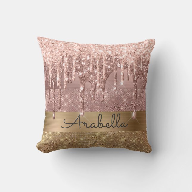 Pink Rose Gold Glitter Dripping Stripes Monogram Cushion (Front)