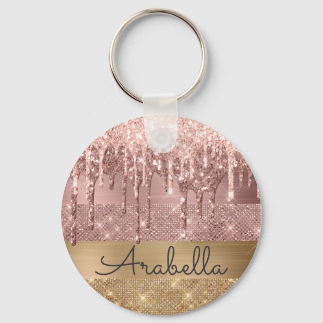 Pink Rose Gold Glitter Dripping Stripes Monogram Key Ring (Front)
