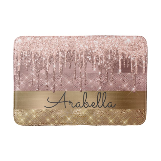 Pink Rose Gold Glitter Drips Custom Name Bath Mat (Front)