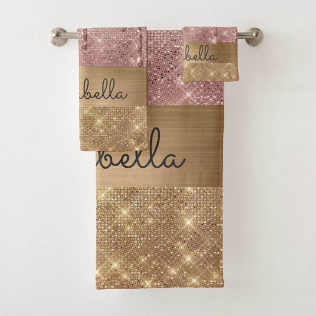 Pink Rose Gold Glitter Drips Custom Name Bath Towel Set (Insitu)
