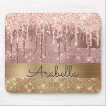 Pink Rose Gold Glitter Drips Custom Name Mouse Mat<br><div class="desc">Modern, luxury, rose gold glitter dripping on gold and rose gold color glitter stripes custom monogram mousepad. This design features faux sparkle glitter stripes and brushed metal in gold, and blush pink rose gold color glitter with name or monogram text template. Above light blush pink and rose gold glitter dripping....</div>