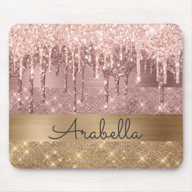Pink Rose Gold Glitter Drips Custom Name Mouse Mat (Front)