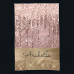 Pink Rose Gold Glitter Drips Custom Name Tea Towel<br><div class="desc">Modern, luxury, rose gold glitter dripping on gold and rose gold colour glitter stripes custom monogram kitchen towel. This design features faux sparkle glitter stripes and brushed metal in gold, and blush pink rose gold colour glitter with name or monogram text template. Above light blush pink and rose gold glitter...</div>