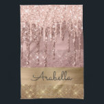 Pink Rose Gold Glitter Drips Custom Name Tea Towel<br><div class="desc">Modern, luxury, rose gold glitter dripping on gold and rose gold colour glitter stripes custom monogram kitchen towel. This design features faux sparkle glitter stripes and brushed metal in gold, and blush pink rose gold colour glitter with name or monogram text template. Above light blush pink and rose gold glitter...</div>