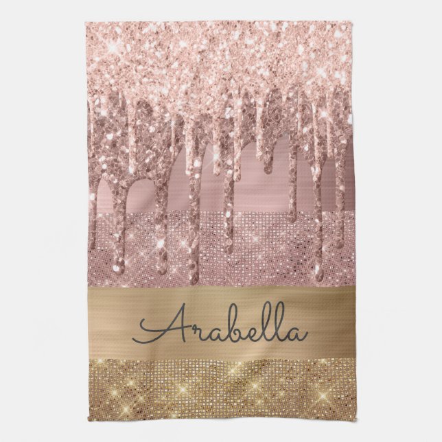 Pink Rose Gold Glitter Drips Custom Name Tea Towel (Vertical)