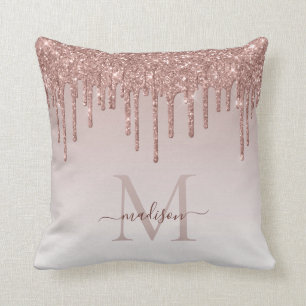 Pink Rose Gold Glitter Drips Glam Monogram Script Cushion