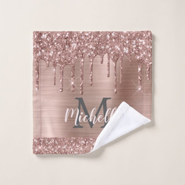 Pink Rose Gold Glitter Drips Monogram Feminine Wash Cloth (Wash Cloth)