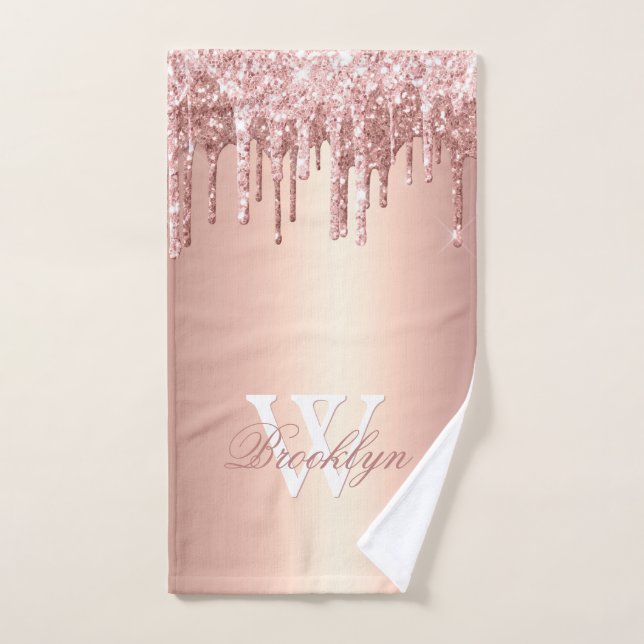 Pink Rose Gold Glitter Drips Pink Metal Monogram Hand Towel (Hand Towel)