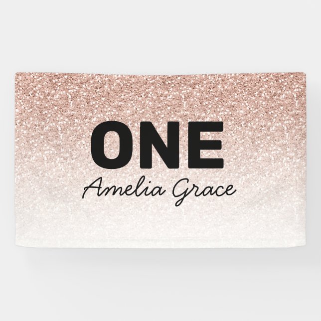 Pink Rose Gold Glitter First Birthday One Name Banner (Horizontal)