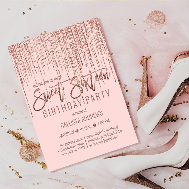 Pink Rose Gold Glitter Fringe Curtain Sweet 16 Invitation (Creator Uploaded)