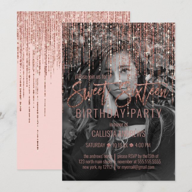 Pink Rose Gold Glitter Fringe Photo Sweet 16 Invitation (Front/Back)