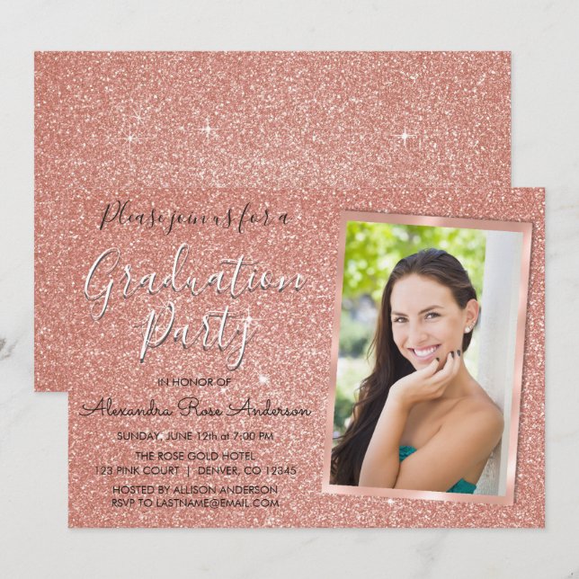 Pink Rose Gold Glitter Graduation Party - Photo Invitation (Front/Back)