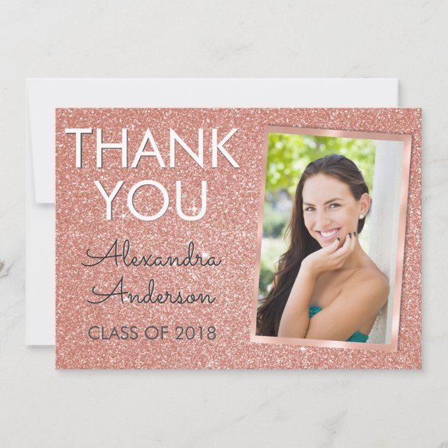 Pink Rose Gold Glitter Graduation Thank You Card (Front)