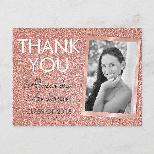 Pink Rose Gold Glitter Graduation Thank You Postcard (Front)