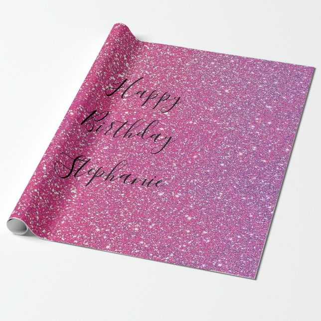 Pink Rose Gold Glitter Happy Birthday Custom Name Wrapping Paper (Unrolled)