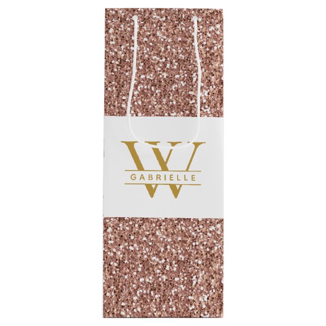 Pink Rose Gold Glitter Initial and Name Favour Wine Gift Bag (Front)