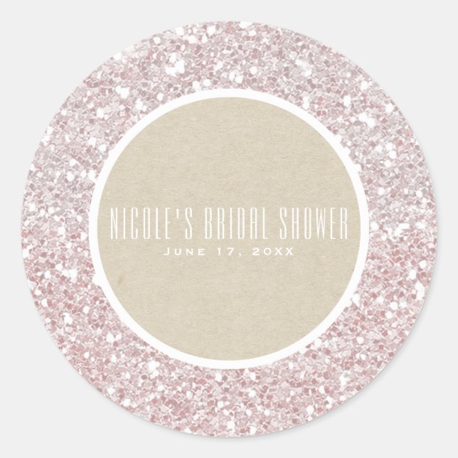 Pink Rose Gold Glitter Kraft Elegant Wedding Favou Classic Round Sticker (Front)
