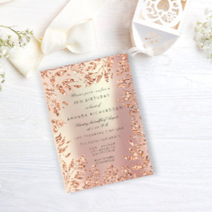 Pink Rose Gold Glitter Leafs Floral Frame Pearly Invitation