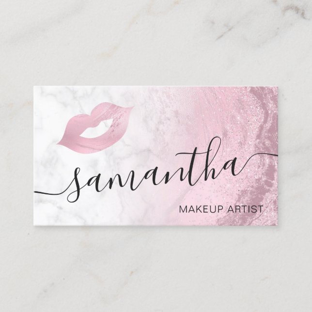 Pink rose gold glitter lips marble makeup artist business card (Front)