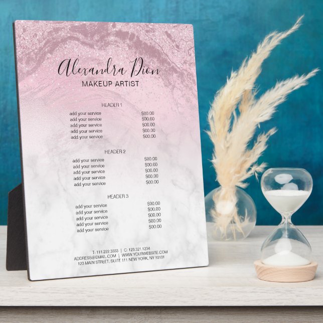 Pink rose gold glitter marble makeup services plaque (Side)