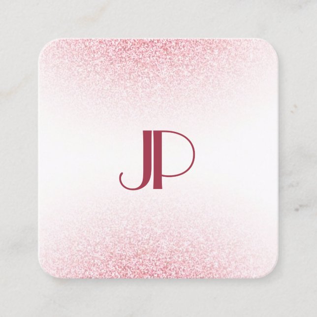 Pink Rose Gold Glitter Modern Elegant Monogram Square Business Card (Front)