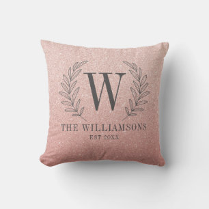 Pink Rose Gold Glitter Monogram Name Cushion