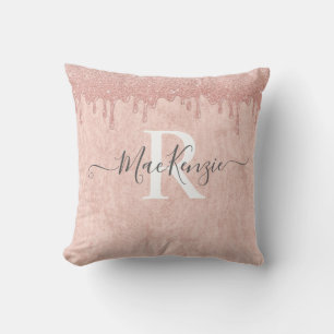 Pink Rose Gold Glitter Monogram Name Throw Pillow