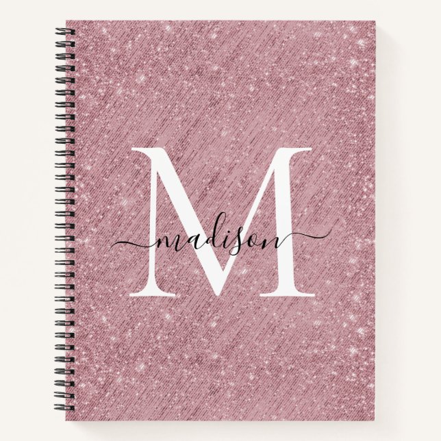 Pink Rose Gold Glitter Monogram Script Sparkle Notebook (Front)
