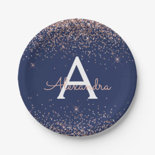 Pink Rose Gold Glitter Navy Blue Monogram Birthday Paper Plate