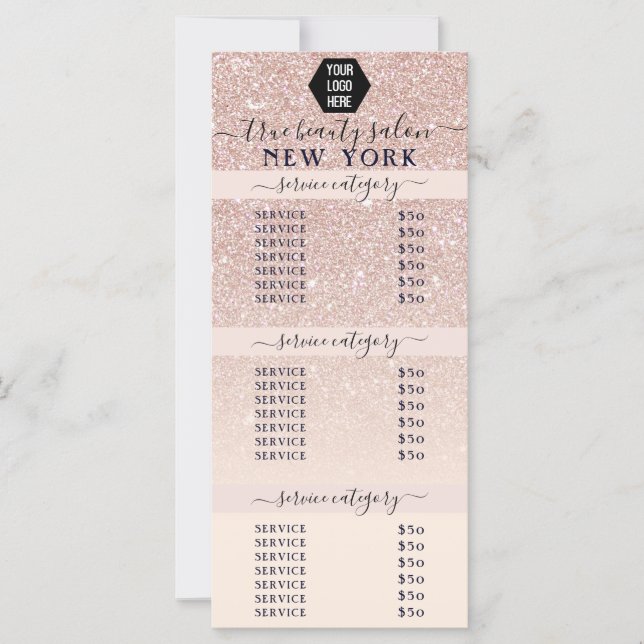 Pink Rose Gold Glitter Ombre Logo Salon Price List (Front)