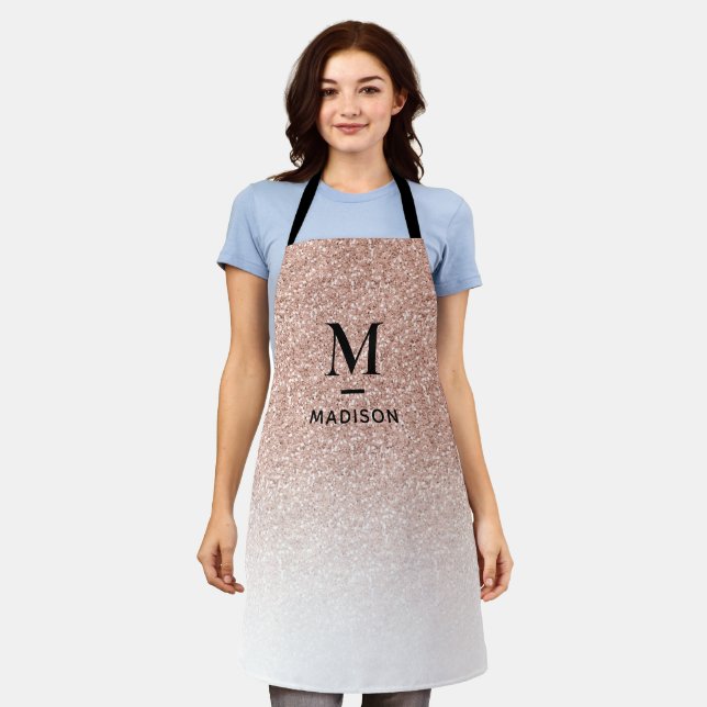 Pink Rose Gold Glitter Ombre Modern Monogram Name Apron (Worn)