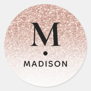 Pink Rose Gold Glitter Ombre Modern Monogram Name Classic Round Sticker