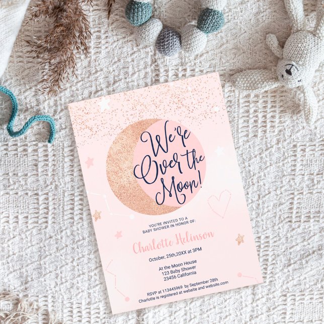 Pink rose gold glitter over the moon baby shower invitation (Creator Uploaded)