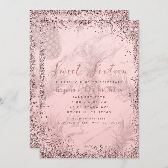 Pink Rose Gold Glitter Pineapple Sweet 16 Party Invitation (Front/Back)