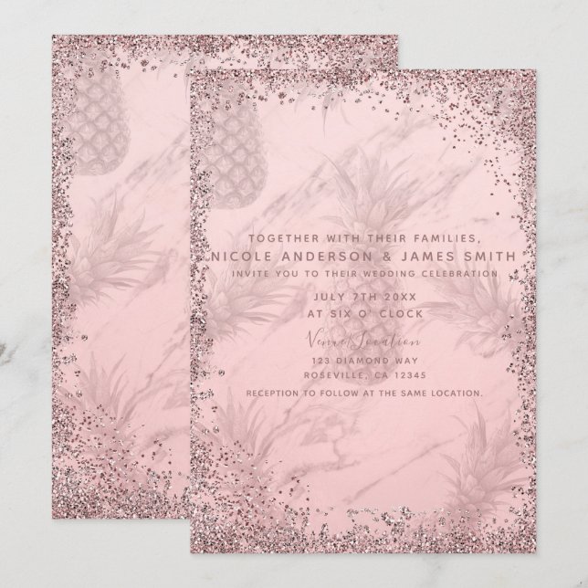 Pink Rose Gold Glitter Pineapple Tropical Wedding Invitation (Front/Back)