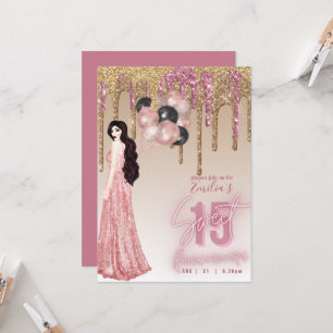 Pink Rose Gold Glitter Quinceanera Brunette Girl  Invitation