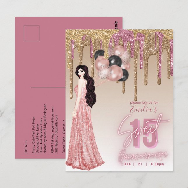 Pink Rose Gold Glitter Quinceanera Brunette Girl   Postcard (Front/Back)