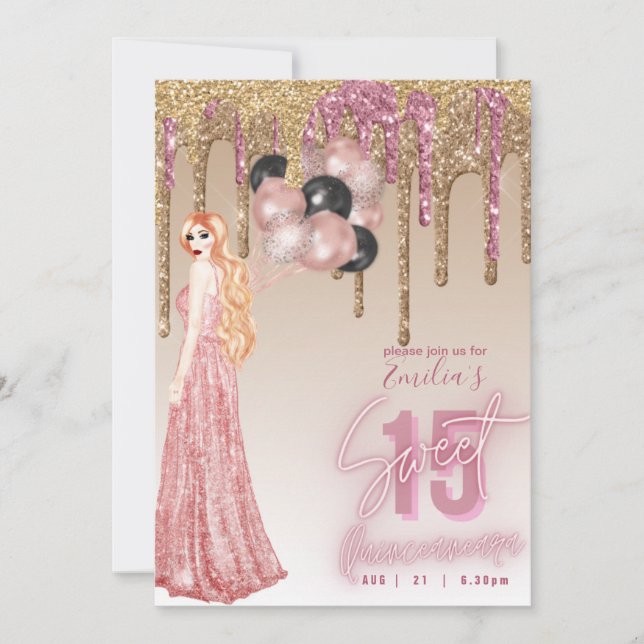 Pink Rose Gold Glitter Quinceanera  Red Hair Girl Invitation (Front)