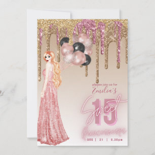 Pink Rose Gold Glitter Quinceanera  Red Hair Girl Invitation