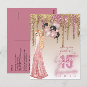 Pink Rose Gold Glitter Quinceanera Red Hair Girl Postcard
