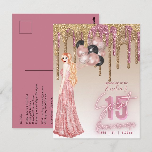 Pink Rose Gold Glitter Quinceanera  Red Hair Girl Postcard (Front/Back)