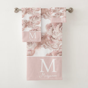 Pink & Rose Gold Glitter Roses Monogram Initial Bath Towel Set