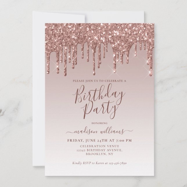 Pink Rose Gold Glitter Sparkle Dripping Birthday Invitation (Front)